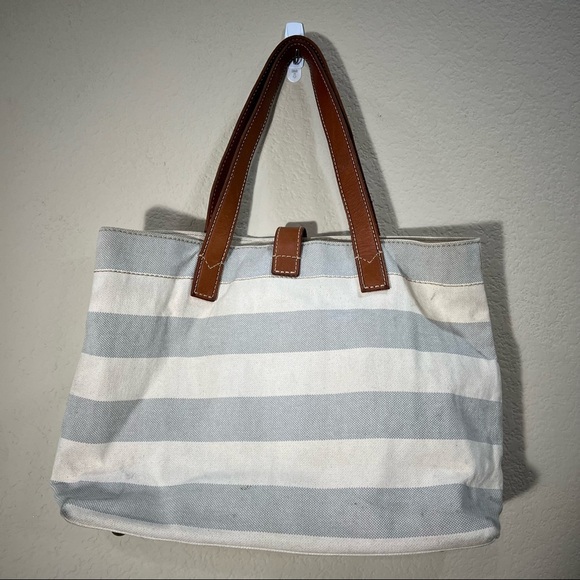 Fossil Rachel Blue Gray /Cream Coated Canvas KEY Leather Shoulder Tote Bag - Picture 2 of 14